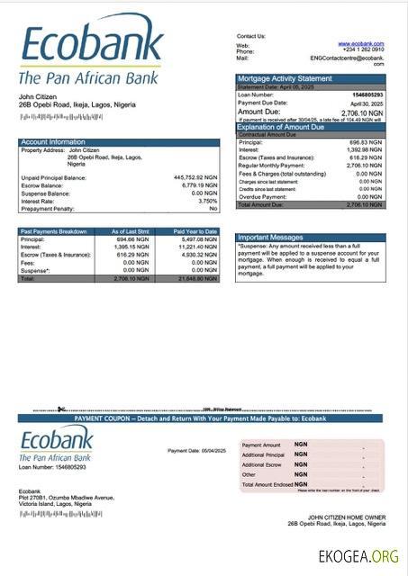 Modèle Word et PDF de relevé hypothécaire d'Ecobank au Nigeria